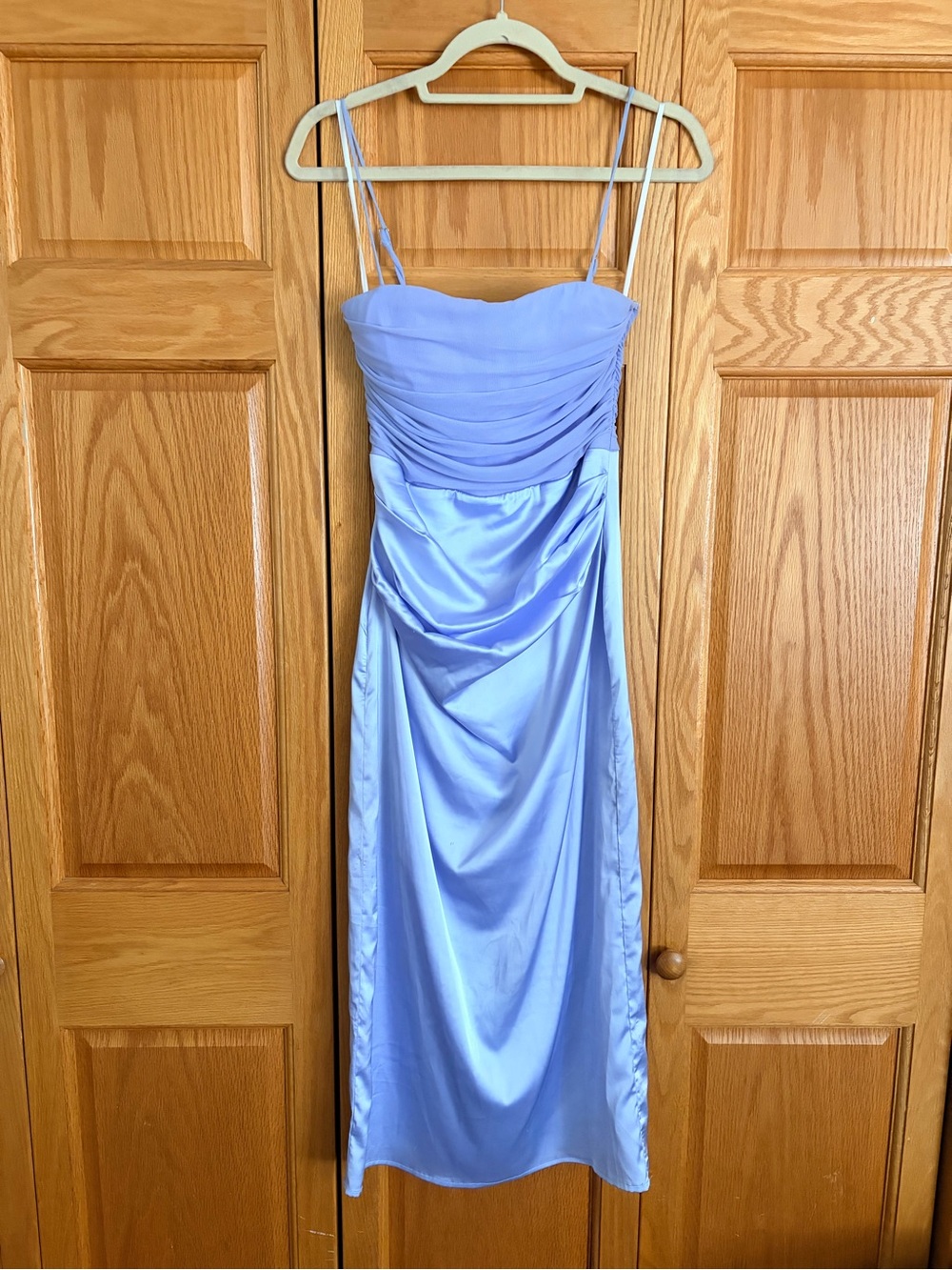 Hello Molly Periwinkle Satin Midi Dress with Spaghetti Straps